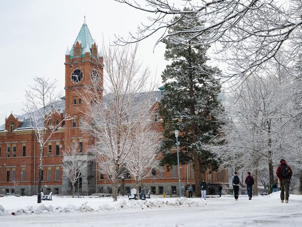 A winter scene of UM's Main Hall.