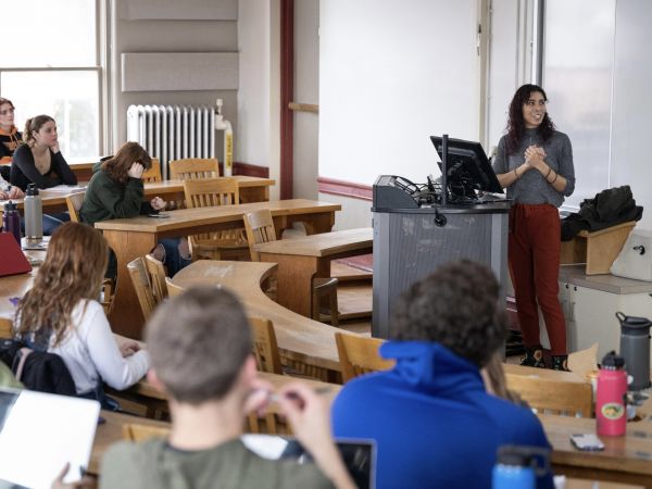 A graduate student introduces herself to her students while teaching an introduction to psychology class during the first day of the Spring Semester at the University of Montana
