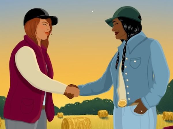 Colorful illustration of two women in casual attire shake hands in a rural setting at sunset, symbolizing collaboration and friendship.