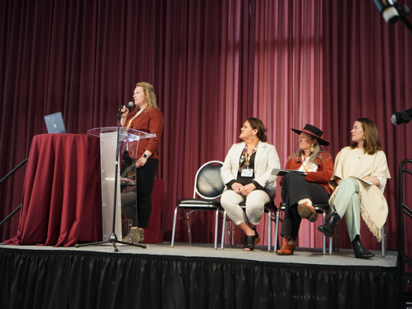 Speaker at a podium addresses an audience on a stage with burgundy curtains, while three panelists sit nearby and listen.