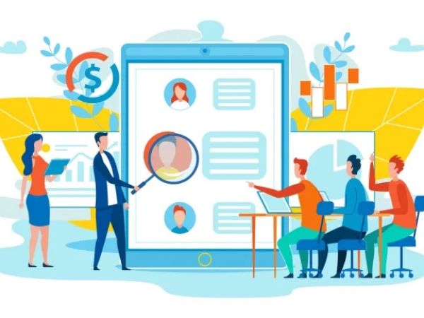 Graphic of humans looking at a oversized tablet