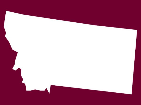 white colored icon of the state of Montana on a maroon background