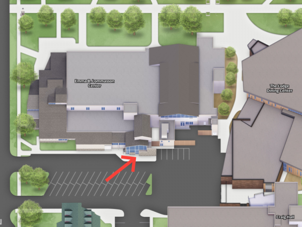 a map showing aerial view of lommasson with an arrow pointing to the south entrance