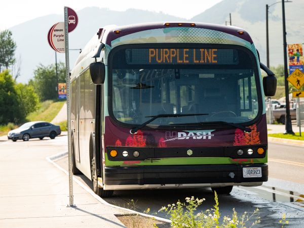 bus stopped at purple line bus stop on wyoming
