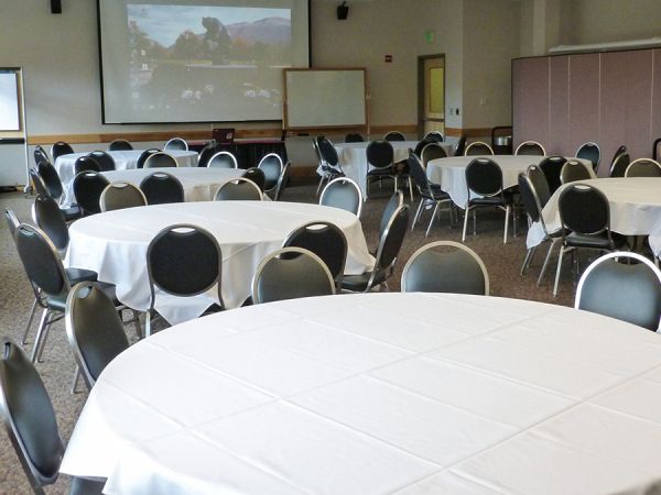 An empty table with chairs around it