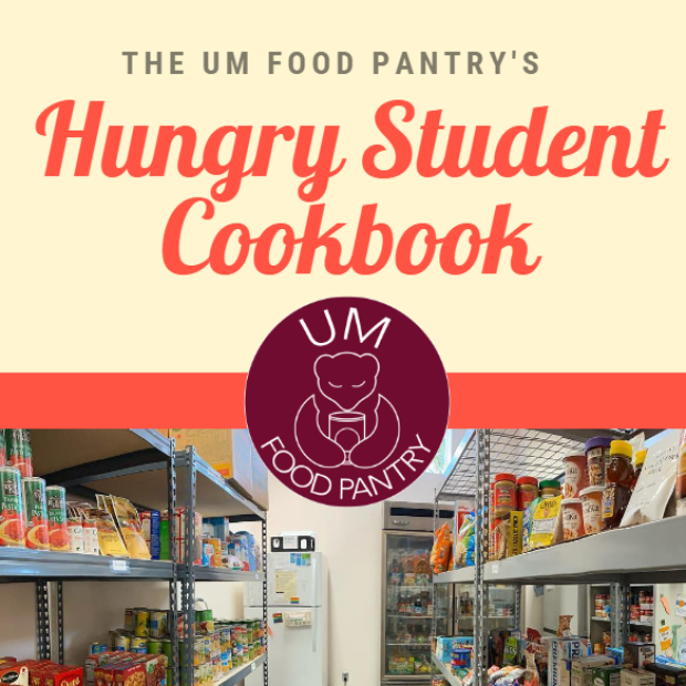 The cover of the Hungry Student Cookbook by Hilary Rosa depicting shelves in the UM Food Pantry