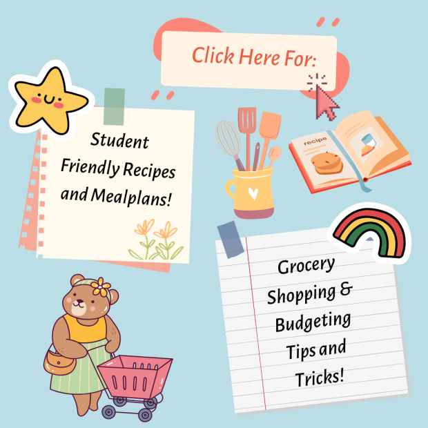 Cute cartoon bear and rainbow stickers hold up notes sharing news about the Food Pantry's collection of dorm-friendly recipes and budget-friendly meal plans for students