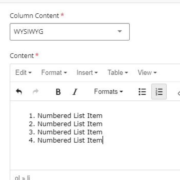 Example of a numbered list created in the WYSIWYG editor