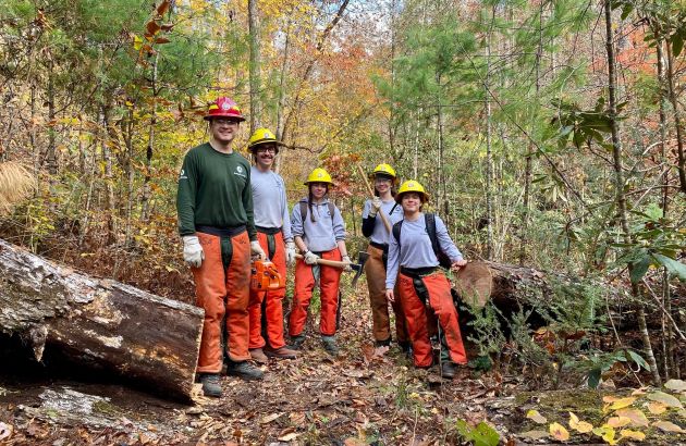 five americorps members are in logging gear and holding logging tools standing near a recently downed tree in the forest