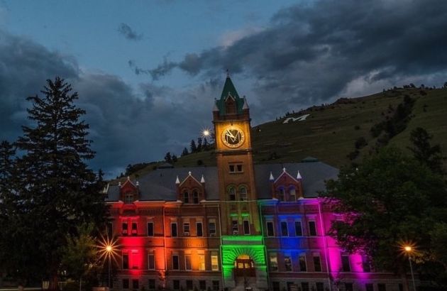 Multi-colored lights shining on Main Hall