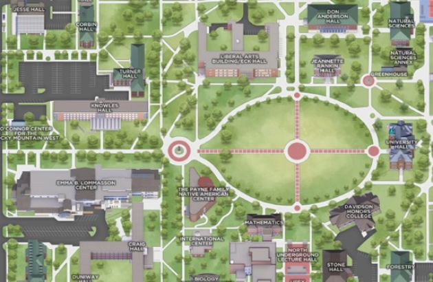A digitally rendered map of the UM campus