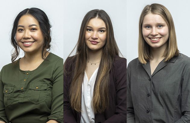 Three UM students named Truman Scholar Finalists pose for headshots. From left: Gold Moua, Augusta Reinhart, Lindsey Roosa