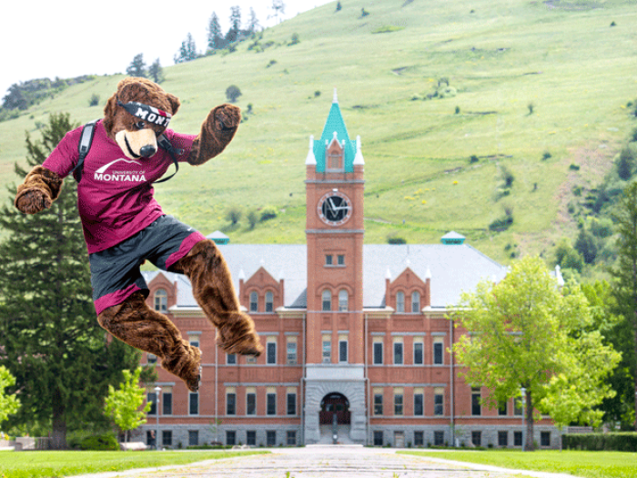 UM mascot jumping and clicking heels