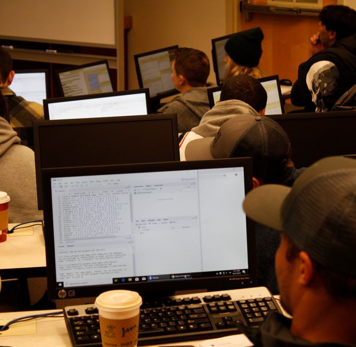 Student working on a computer during an MIS class