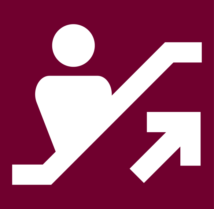 white stylized icon of a person going up an escalator with a diagonal arrow pointing up and to the right against a maroon background.