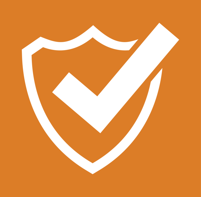 white stylized shield icon overlaid with a checkmark icon against an orangish copperish background