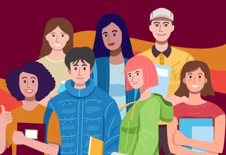 Cartoon of seven high schoolers smiling