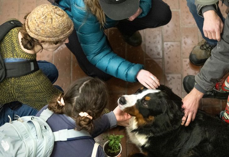 UM students in the UC petting a dog during a stress less event