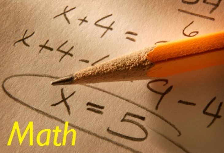 pencil laying on top of equations written on paper with word Math overtop