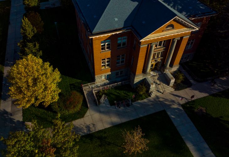 Rankin Hall from above in the fall