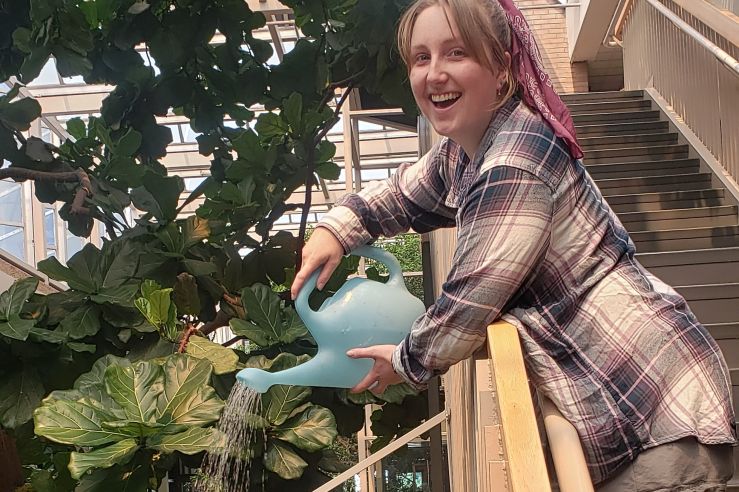 Garden student water plants from a staircase