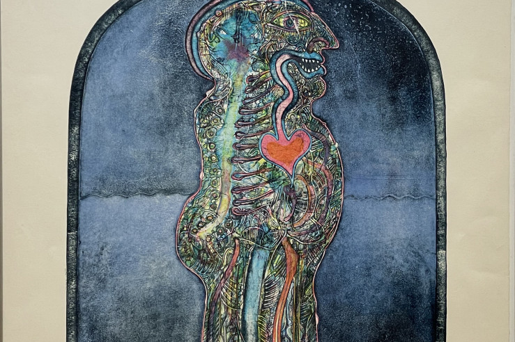 print of a large jug containing a humanoid figure, a homunculus, displaying the artistically interpreted internal structures, including a heart-shaped heart, large eyes, hooked nose, and toothy grin. jug is blue-black and creature is very colorful
