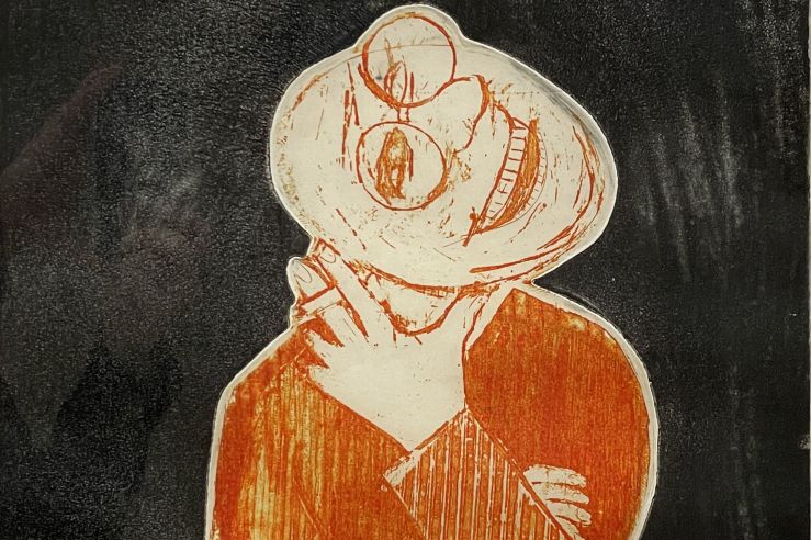 print with a black inky background and orange central figure. the head is twisted sideways and appears to be laughing, but can be mistaken from a distance for a hat