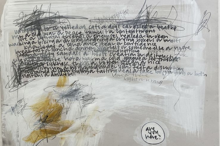 tan background with white brushstrokes covered with scribbles and rambling text, bottom left has some gold-orange brushmarks and bottom right has text "are you here?" circled