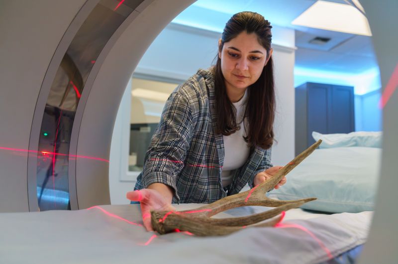 Graduate student placing antler in scanning device
