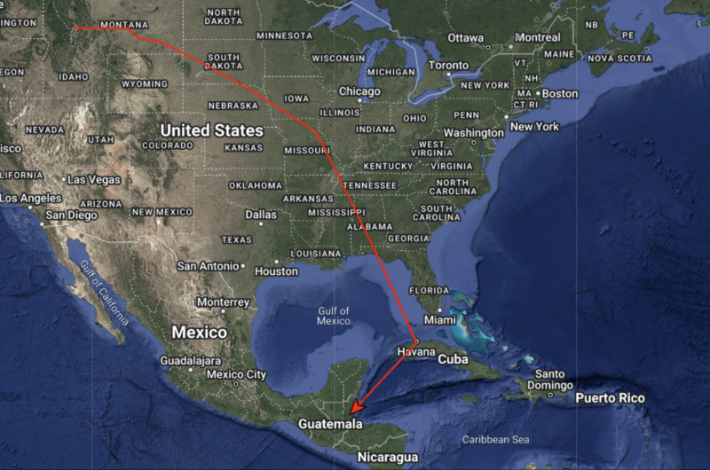 Map of the fall migration route of the Swainson's Thrush with Motus tag #247 in 2024. Traveling south from its more northerly breeding grounds, this individual pinged Motus towers in western Montana (MPG Ranch), north-western Missouri, and Cuba (Havana), before reaching its wintering grounds in Belize. This bird was first tagged in 2023 by UMBEL staff on MPG Ranch. 