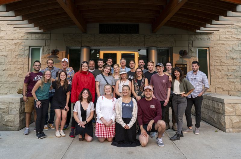Group gathers in front of University of Montana School of Journalism