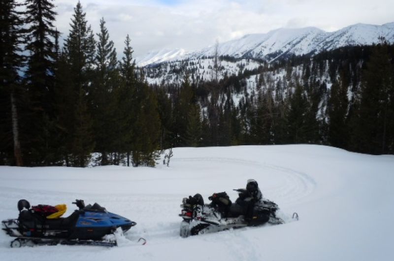 snow mobiles on a snowy road