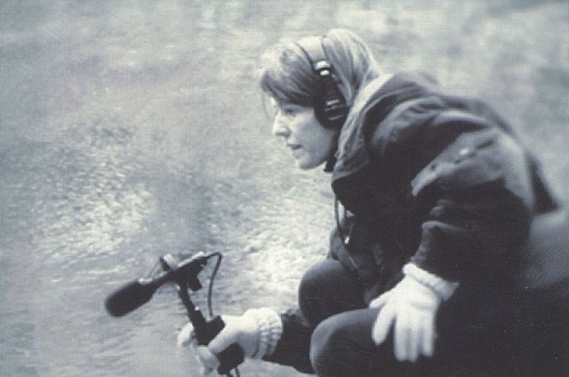 Hildegard Westerkamp taking a recording at Banf National Park in 1993