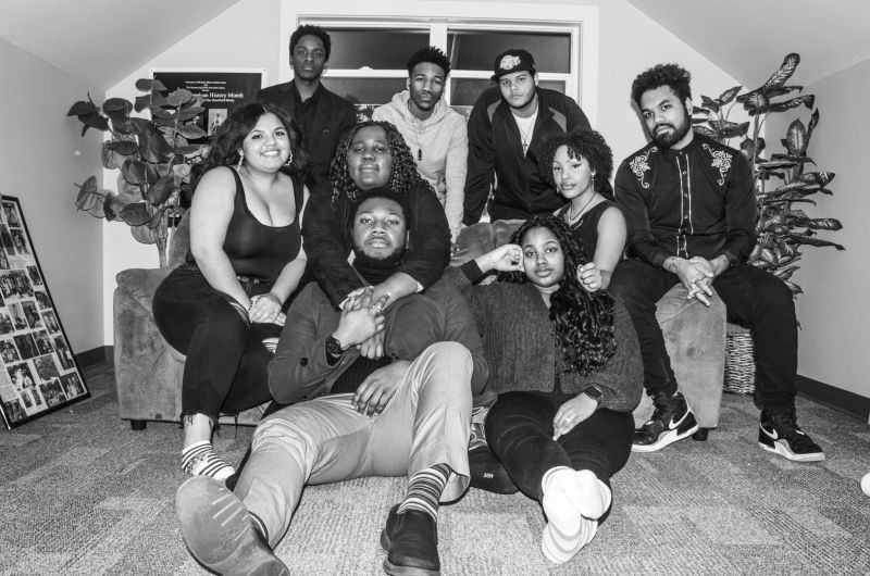 Black Student Union Members pose in a black and white group photo