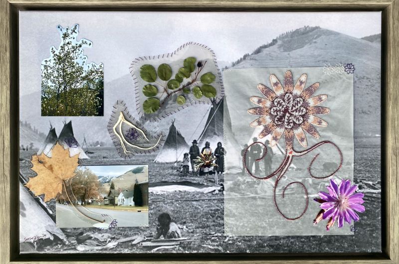 collage, background is photograph of campus with Native American camp, with leaves and beadwork stitched over the image
