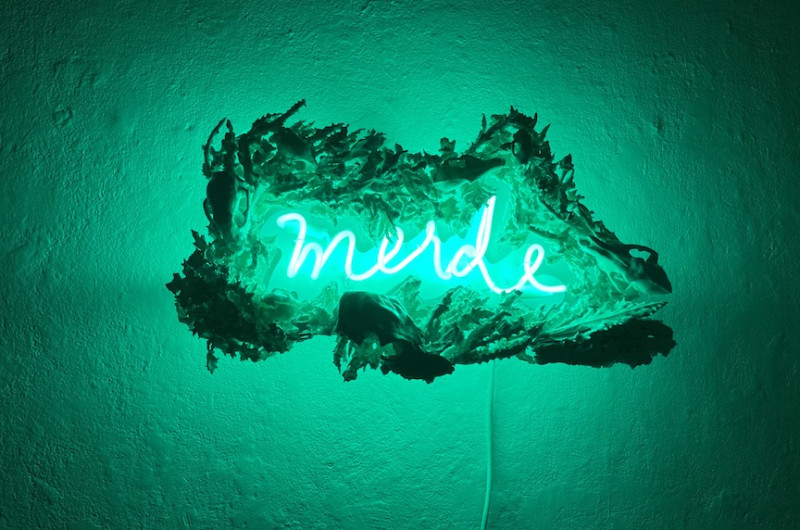 green neon that says merde with ceramic frame made of skulls and thistles