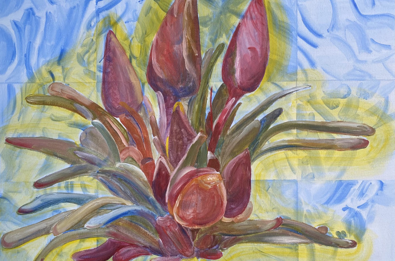tiled painting blue and white with reddish purple plant in the center that has a yellow glow