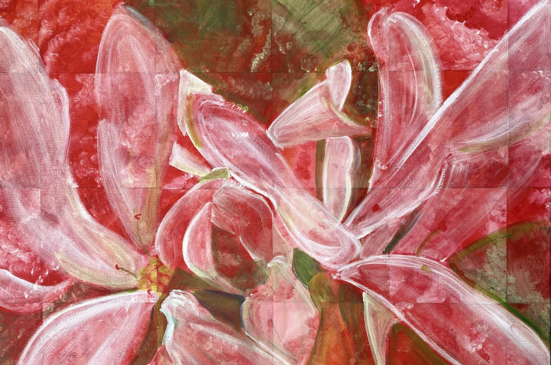 abstract painting with red background and white and pink dogwood blossom and green leaves