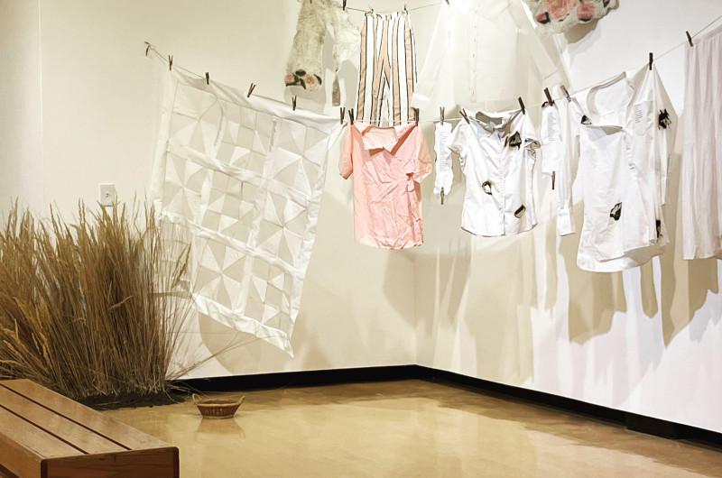 double stranded clothesline with a sheer white quilt, felted pieces, and various items of clothing with poetry text and old-fashioned clothespins. some of the clothing is scorched and burnt