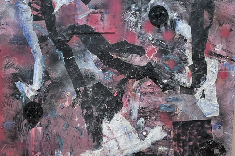 abstract mixed media painting in bright pinks, white, blues, black, with applique paper, film reels, blocks, buttons, and scribbles
