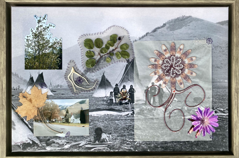 collage, background is photograph of campus with Native American camp, with leaves and beadwork stitched over the image
