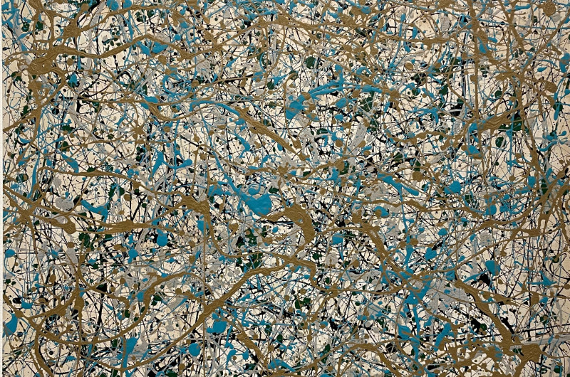 abstract drip painting in blue, black, and bronze on tan background