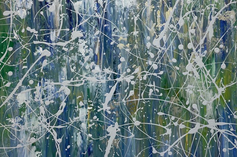 abstract painting with variegated background, blended green, blue, white, yellow, and oranges with white and gold splatters