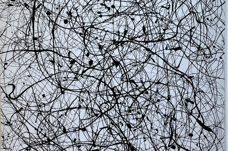 abstract drip painting, white background with black paint splashes