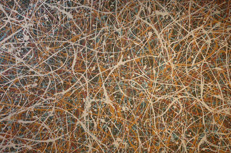 abstract painting, lavender background with blue, pink, orange, and tan paint 