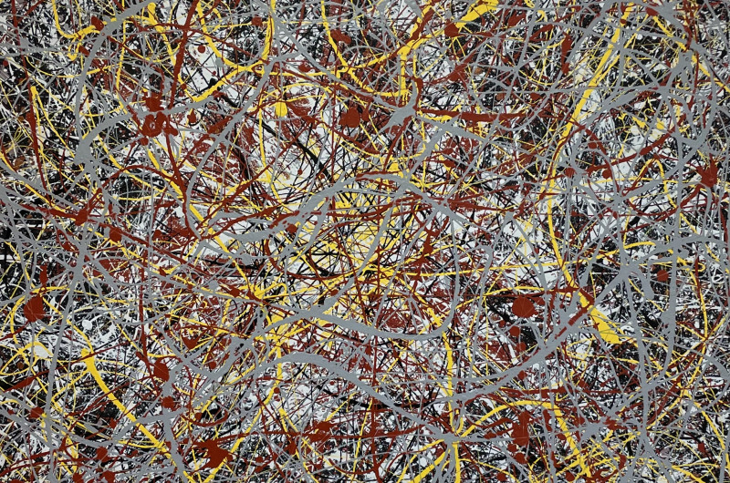 black background with white, red, yellow, and silver drip painting