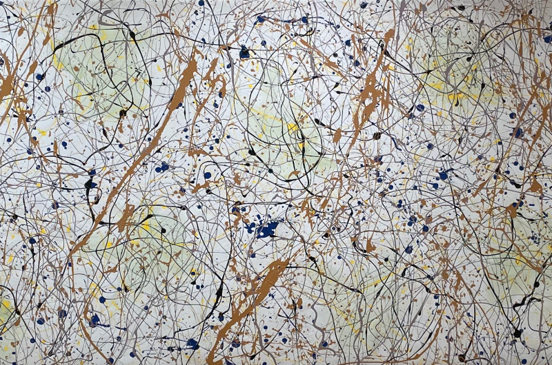 large 12 foot abstract painting with gray backdrop, pale green dots, and broze, dark blue, yellow, and black drip and splashes