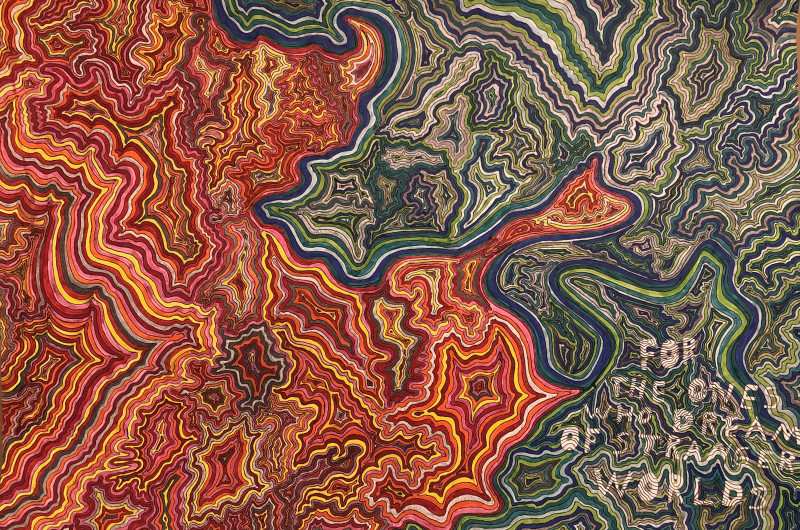 zen doodle style illustration beginning in shades of red and yellow on the left changing to greens and blues on the right. 