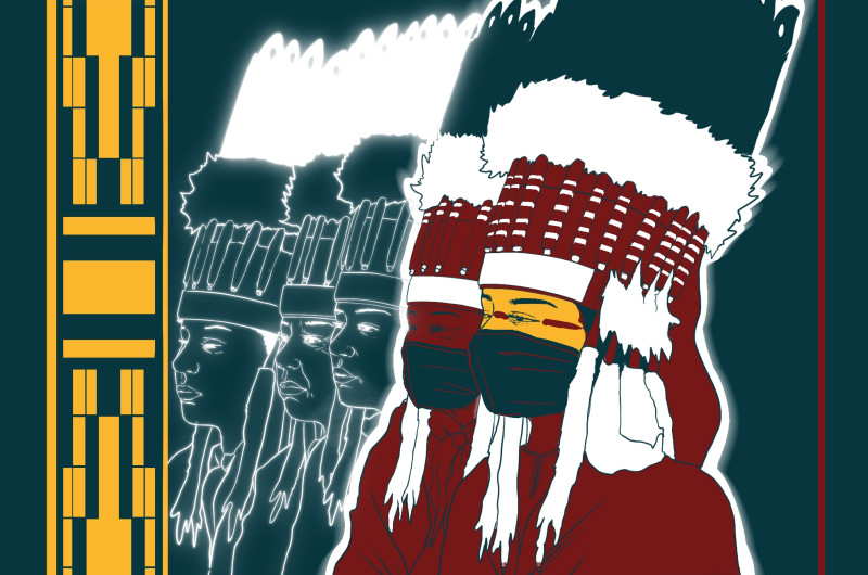 digital painting with backdrop in deep teal, framed in yellow and deep red in an indigenous pattern. five tribal figures face left, three only outlined and two at the forefront filled in with red and yellow and also wearing masks