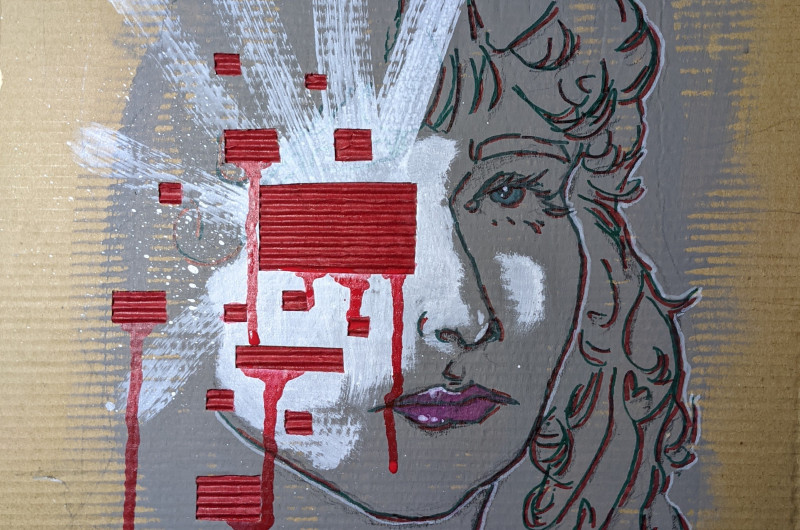 painting and drawing on a piece of cardboard, image is of the right side of a woman's face sketched over a grey background, the left is obscured by white brushmarks and red squares that drip paint. bottom text reads girl unfinished